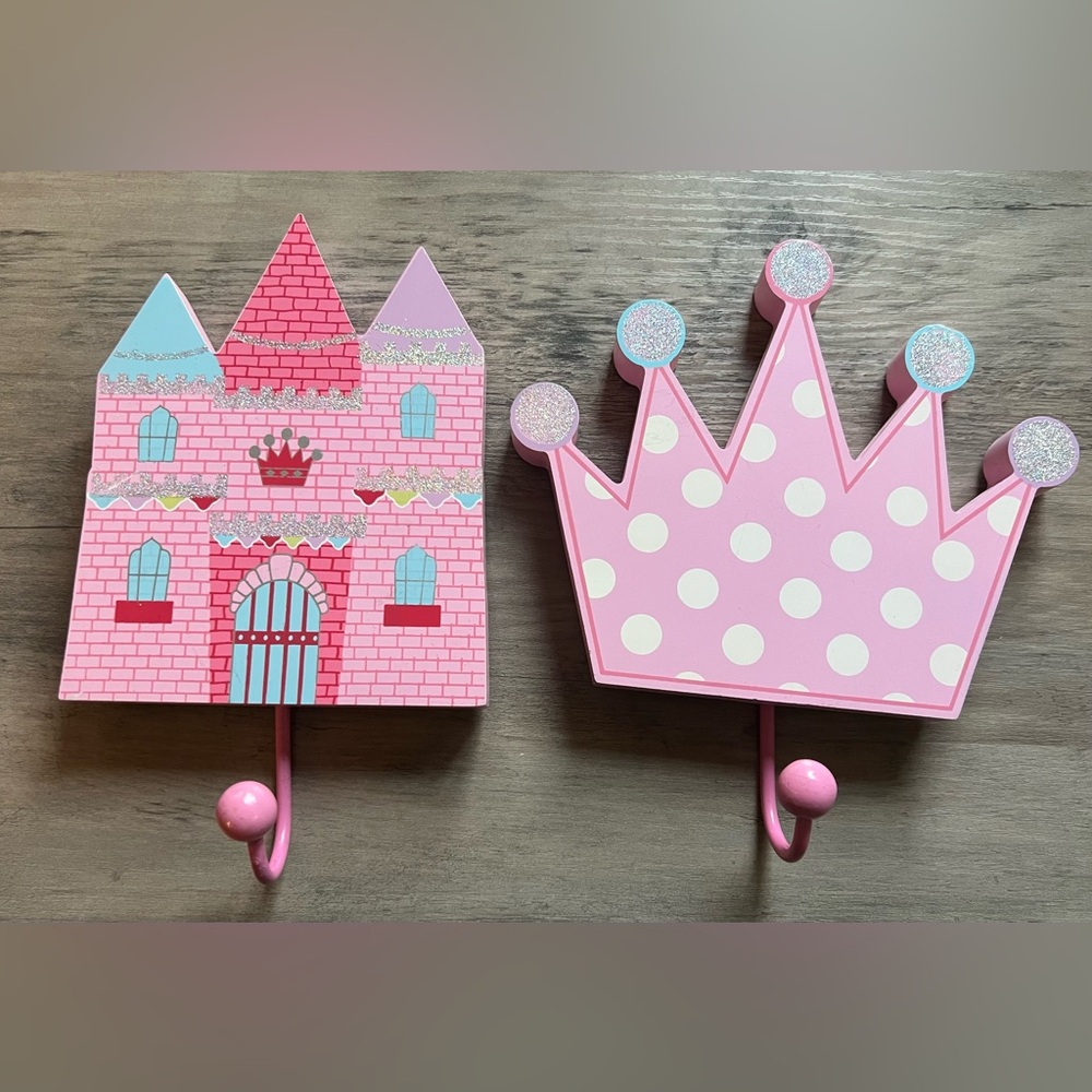 Pink Castle and Crown Wall Hooks for Kids